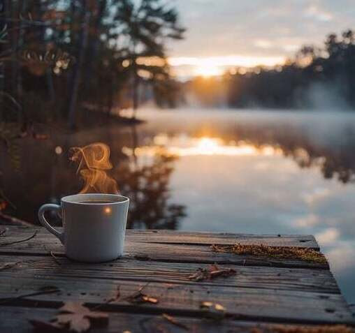 Steaming coffee on a wooden dock at sunrise over a calm Maine lake, reflecting peaceful waterfront living and Maine real estate lifestyle.