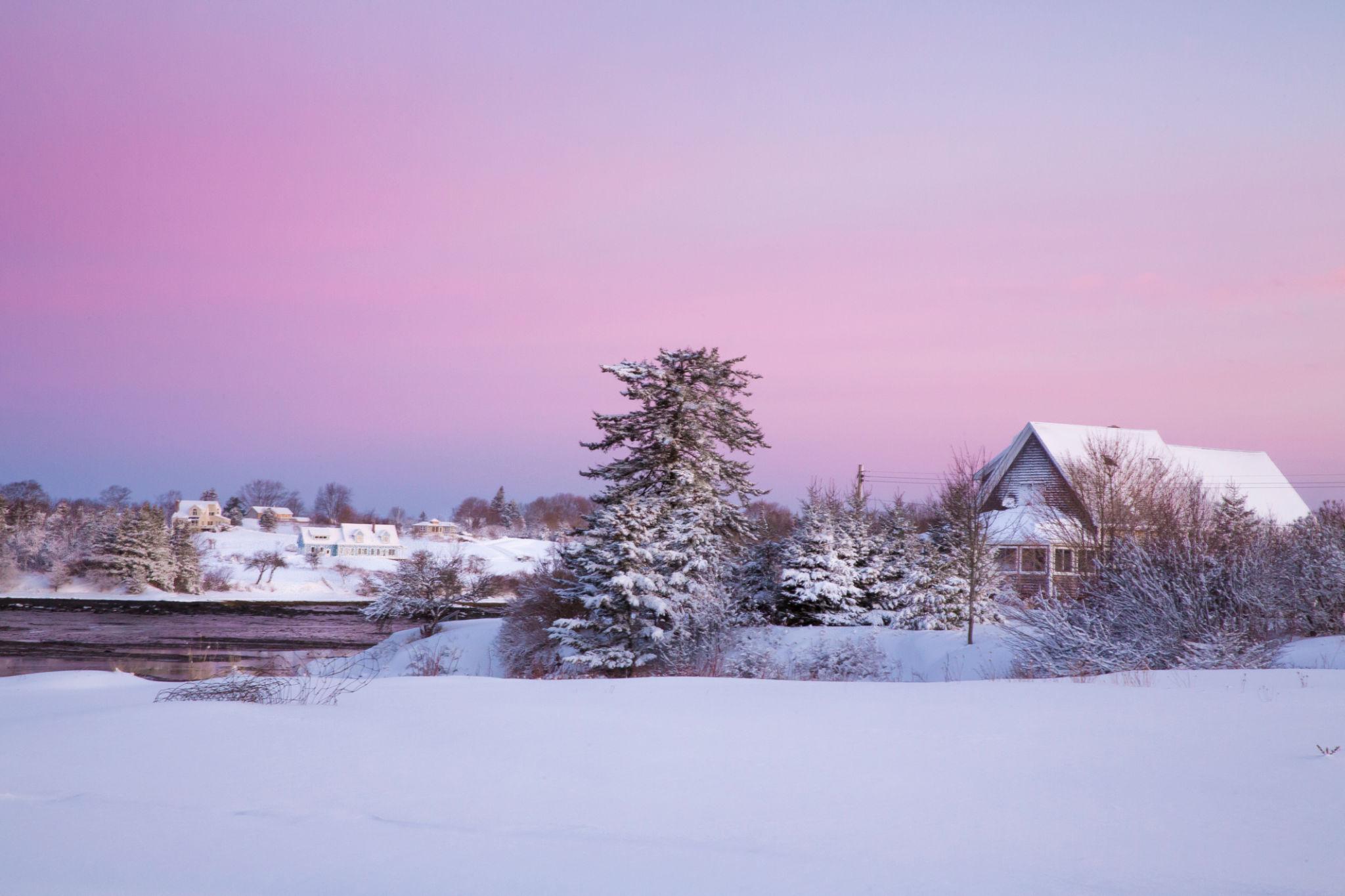 Snow-covered coastal Maine homes and trees under a pink winter sunset sky beside calm water.