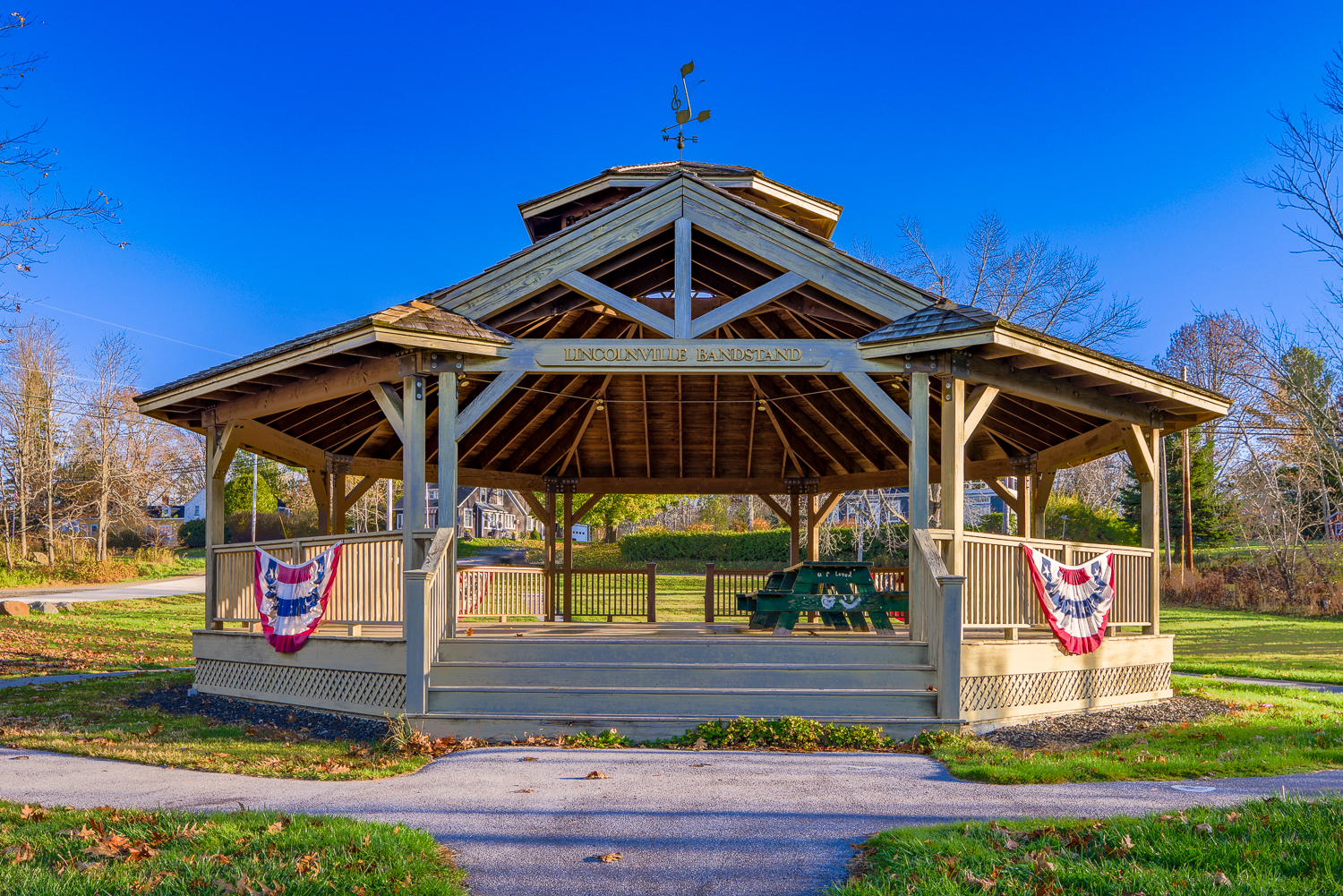 Gazebo at a community park in Lincolnville Maine on a sunny day.