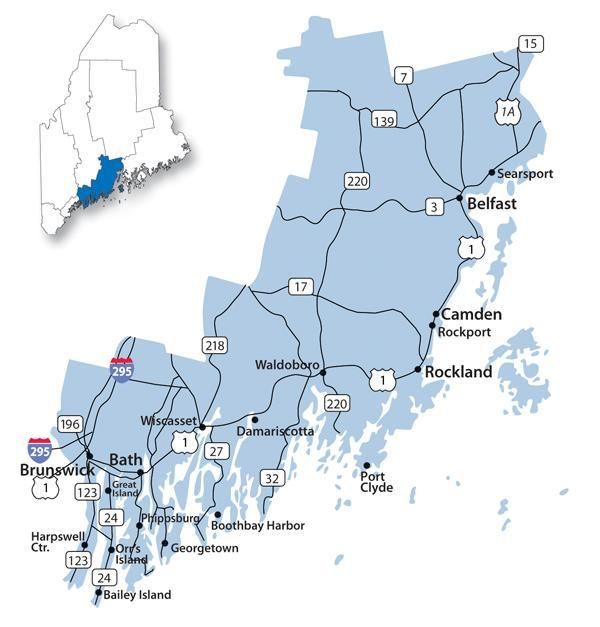 Map of Midcoast Maine showing towns including Brunswick, Bath, Wiscasset, Damariscotta, Waldoboro, Rockland, Camden, Belfast, and Searsport along Route 1.