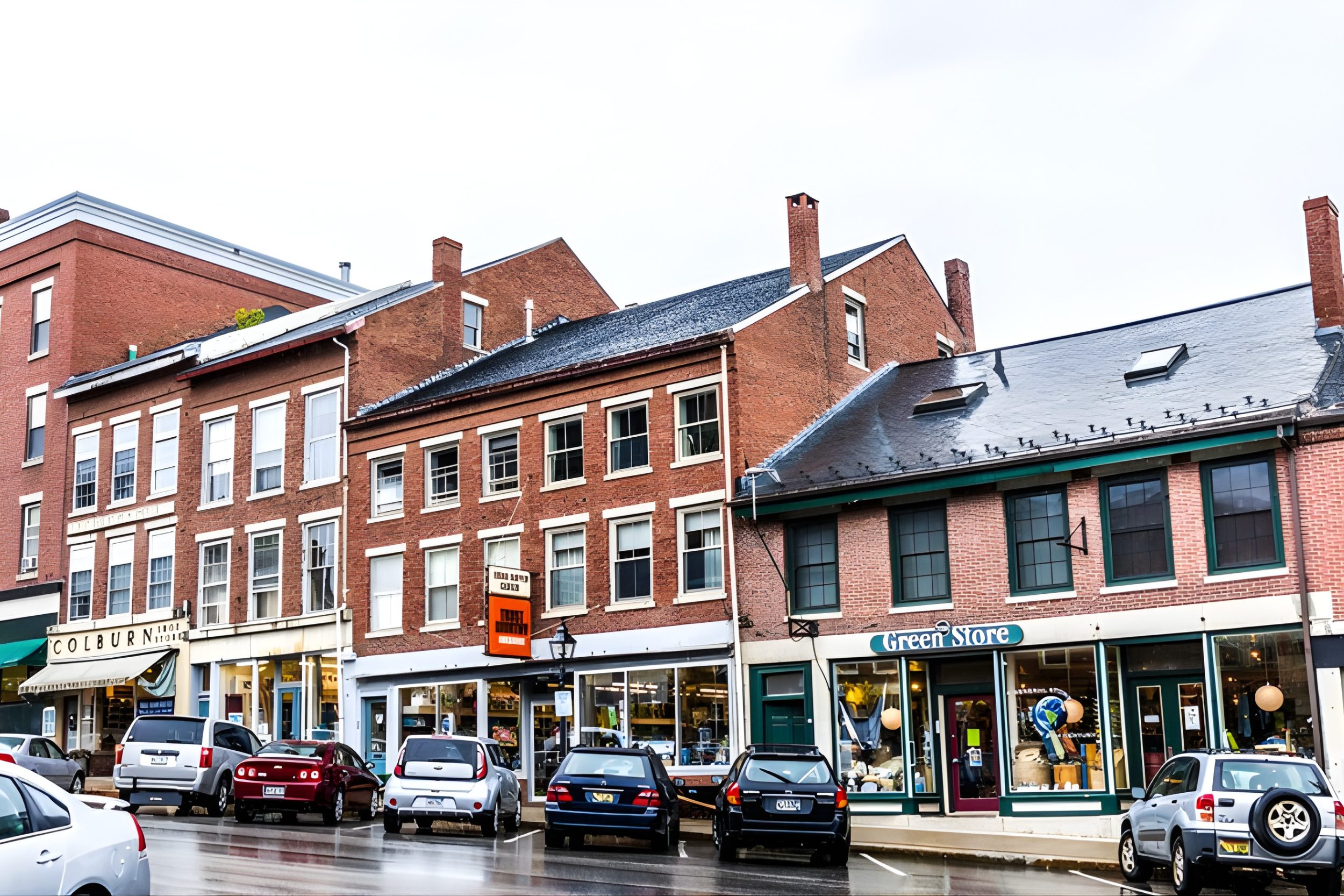 Downtown Belfast Maine with shops, restaurants, and historic buildings