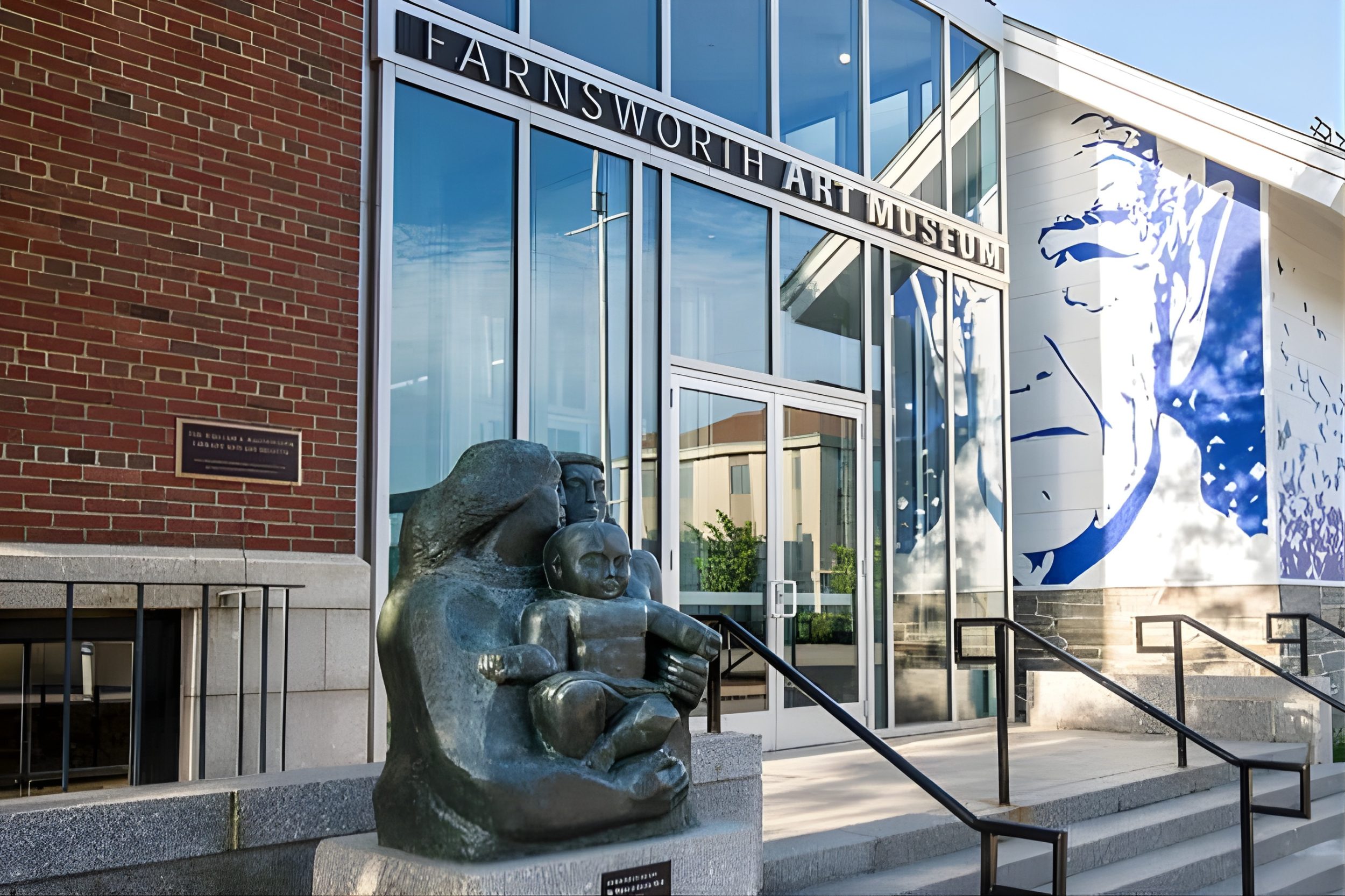 Farnsworth Art Museum entrance in Rockland Maine with sculpture and building exterior