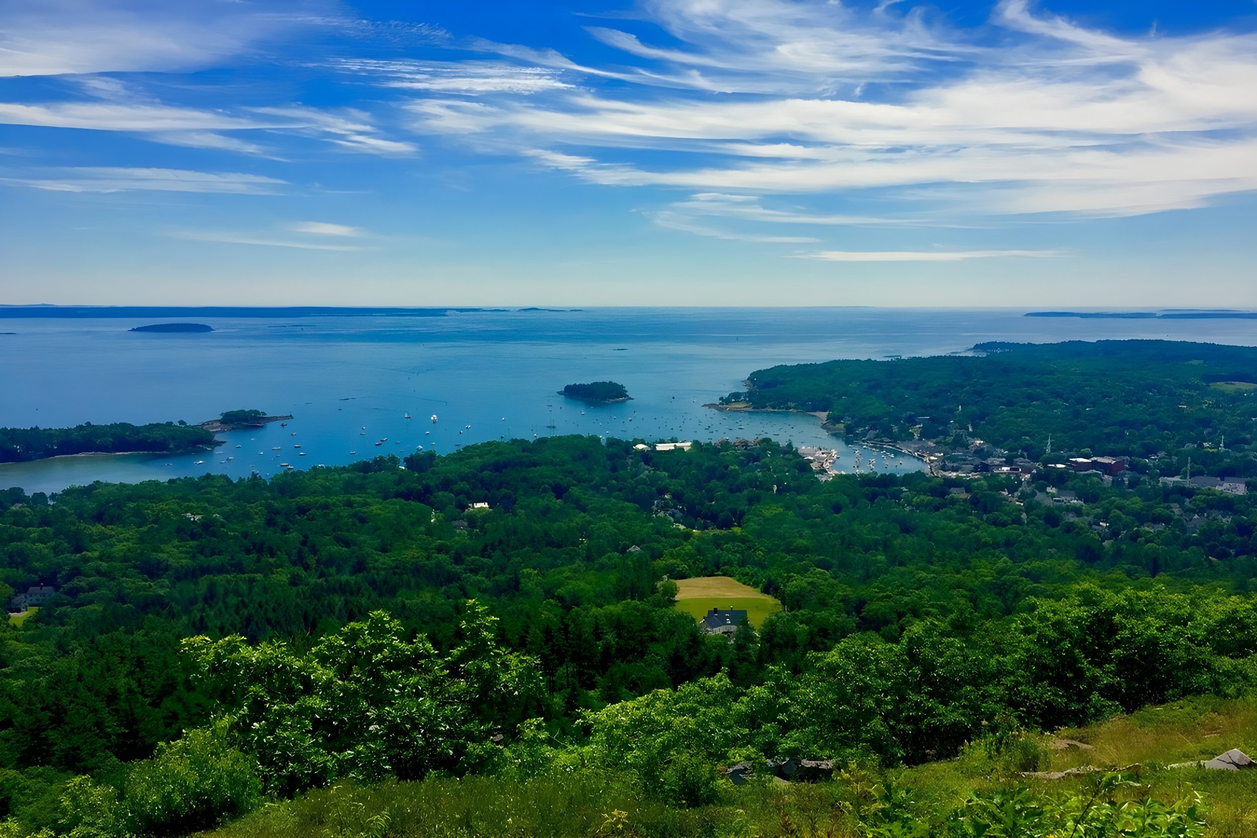 View from Mount Battie in Camden Maine overlooking harbor and coastline