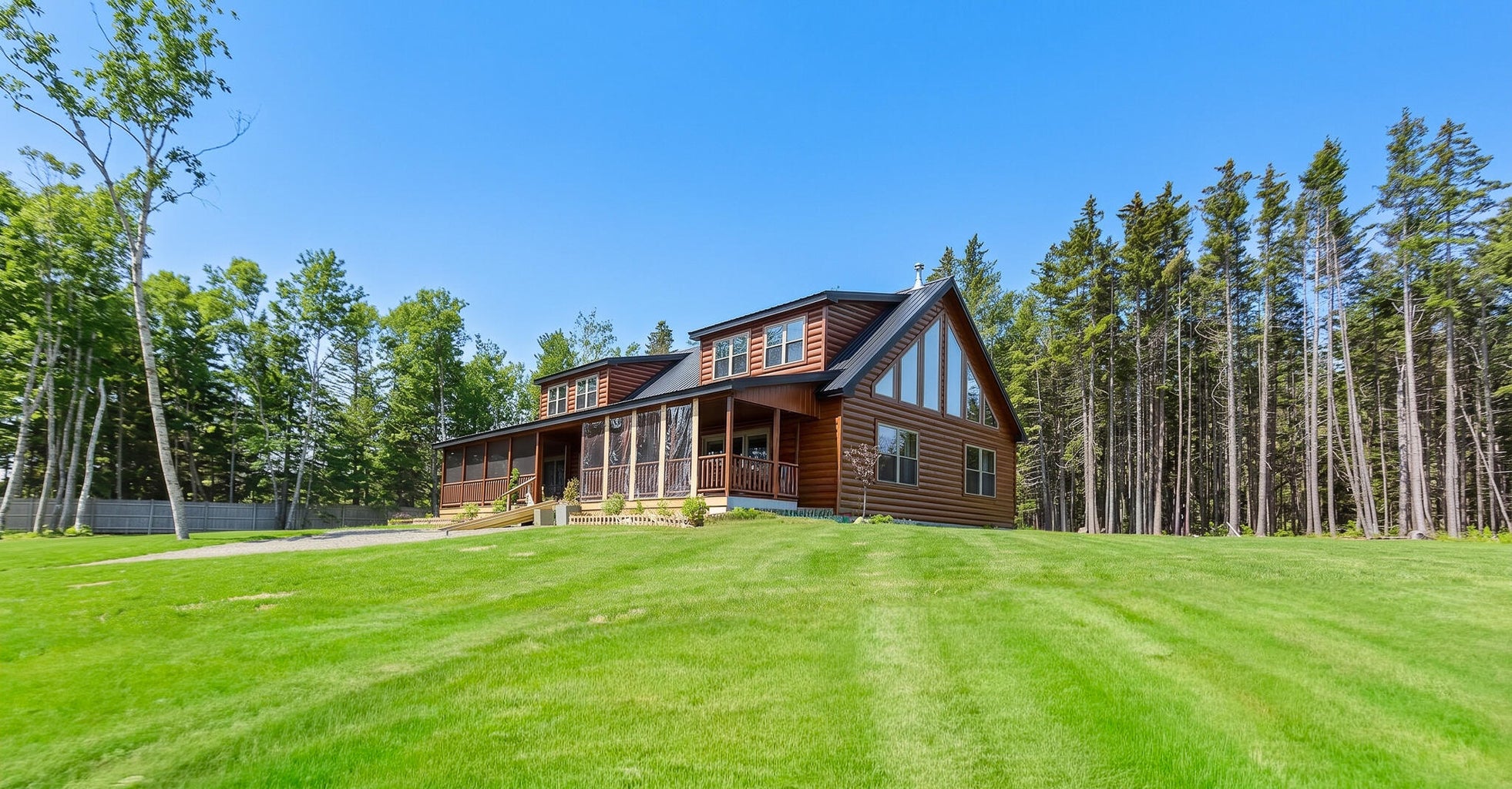 Log-style home with expansive lawn and wooded surroundings at 1590 Pripet Woods Lane in Islesboro, Maine