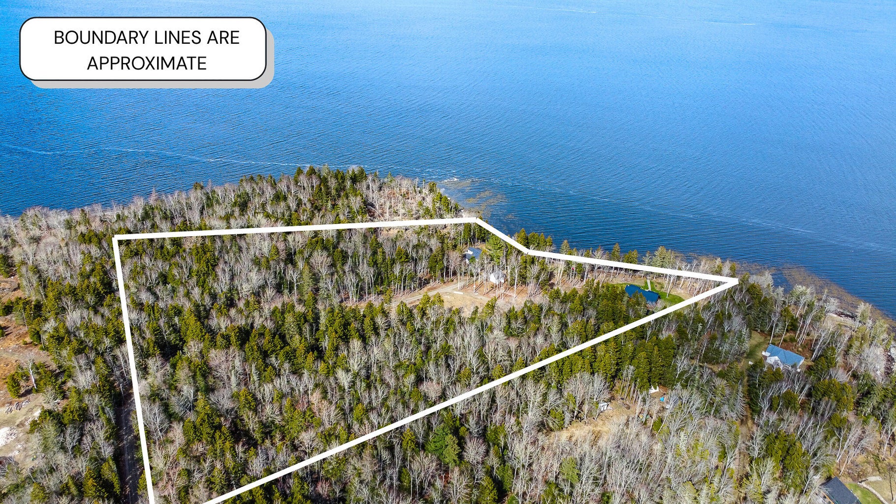 Aerial view of waterfront land parcel with approximate boundary lines in Islesboro, Maine