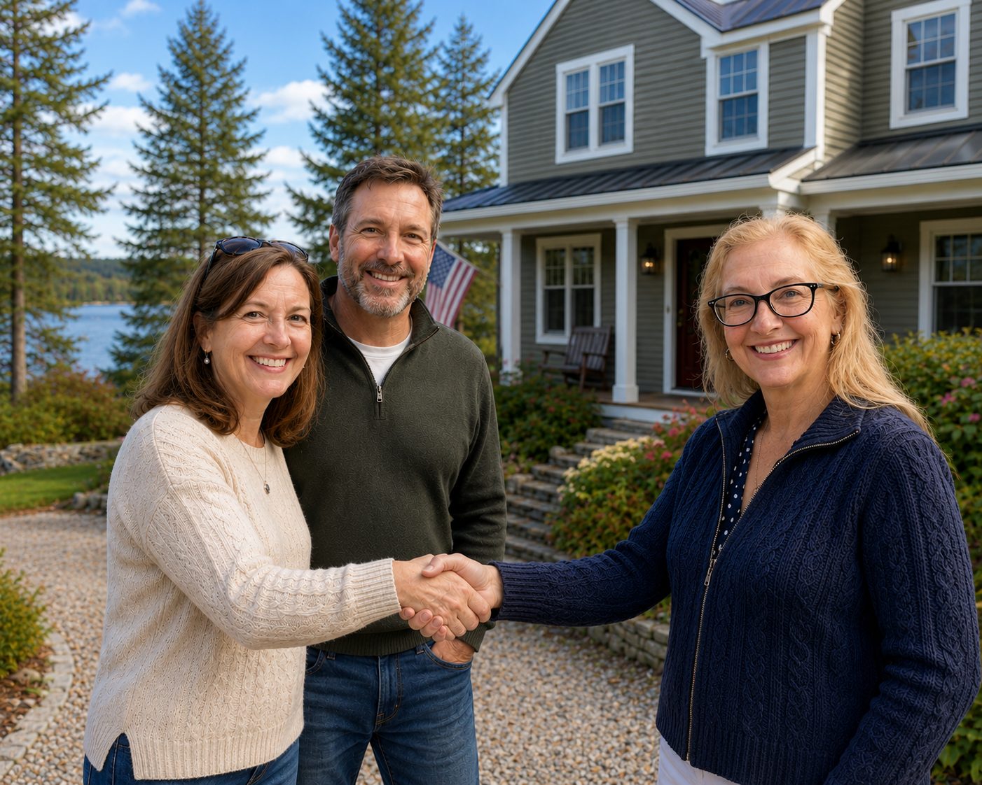 Friendly realtor shaking hands with a couple outside a Maine home, representing trust and clear communication during the home buying process.