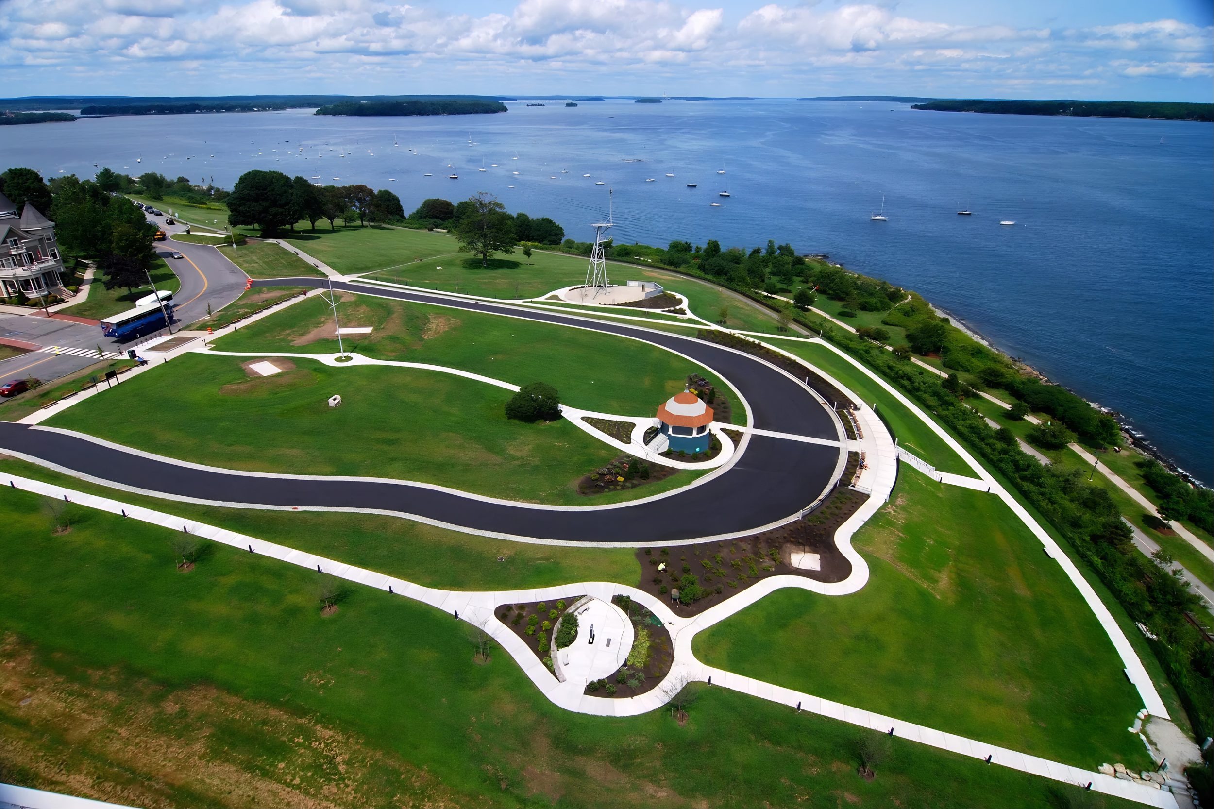 Aerial view of Eastern Promenade overlooking Casco Bay in Portland Maine