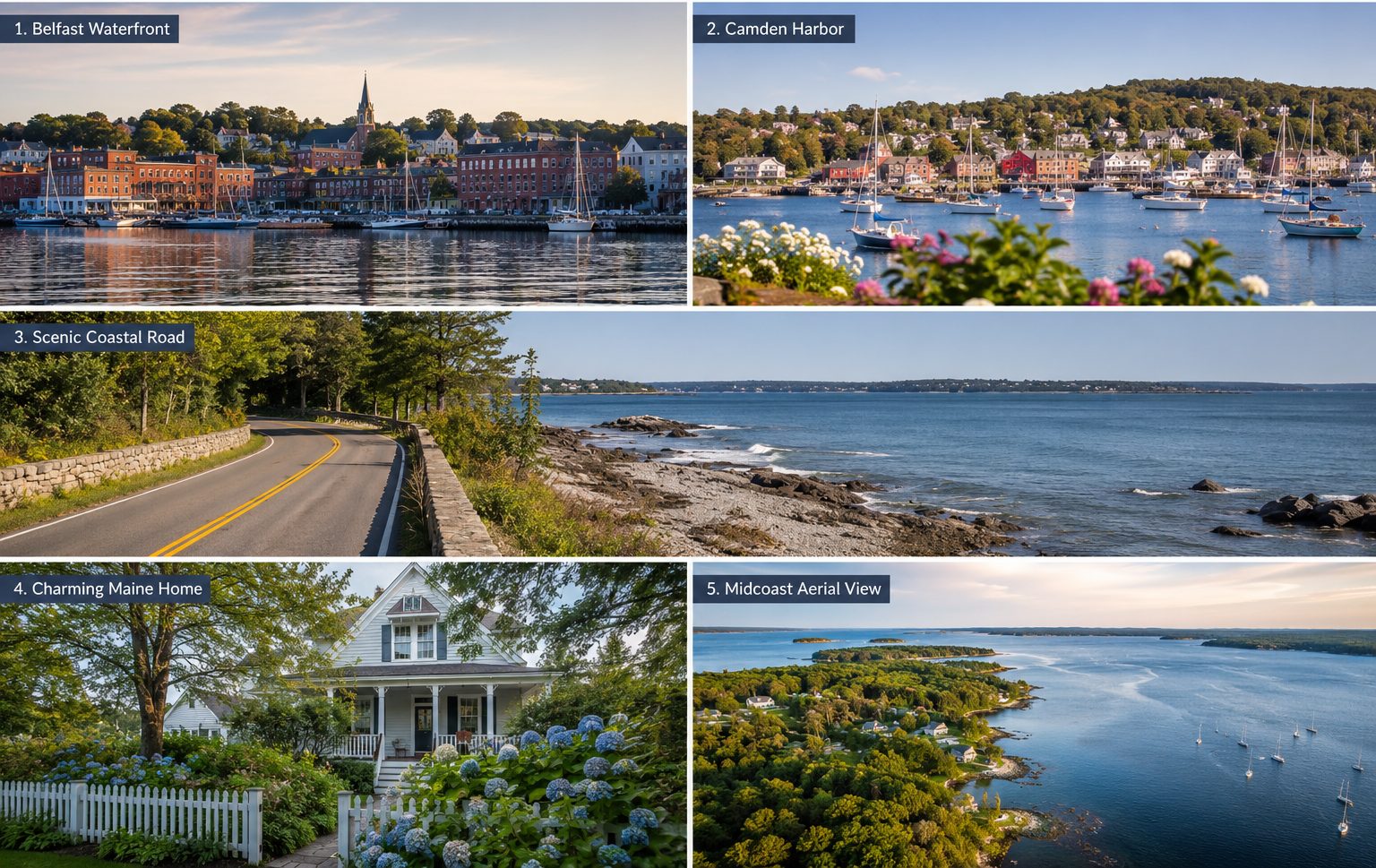 Collage featuring Belfast waterfront, Camden harbor, a scenic coastal road, charming Maine home, and aerial views of Midcoast Maine coastline.