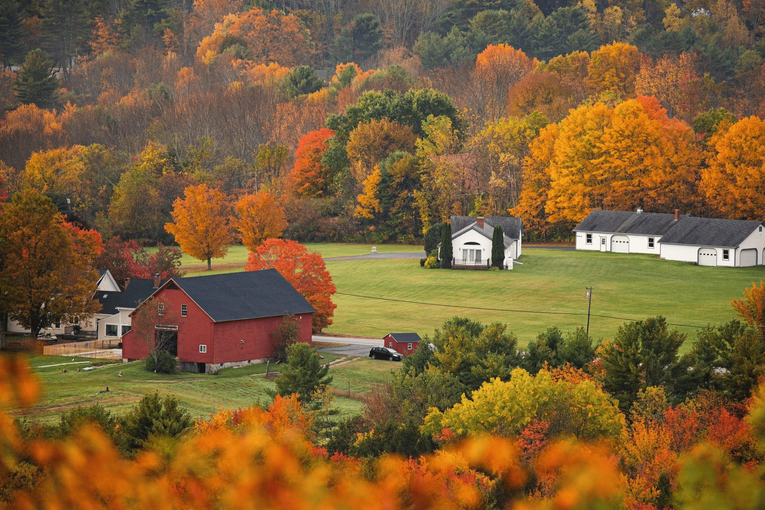 Colorful fall foliage surrounding rural homes and farmland near Thomaston Maine