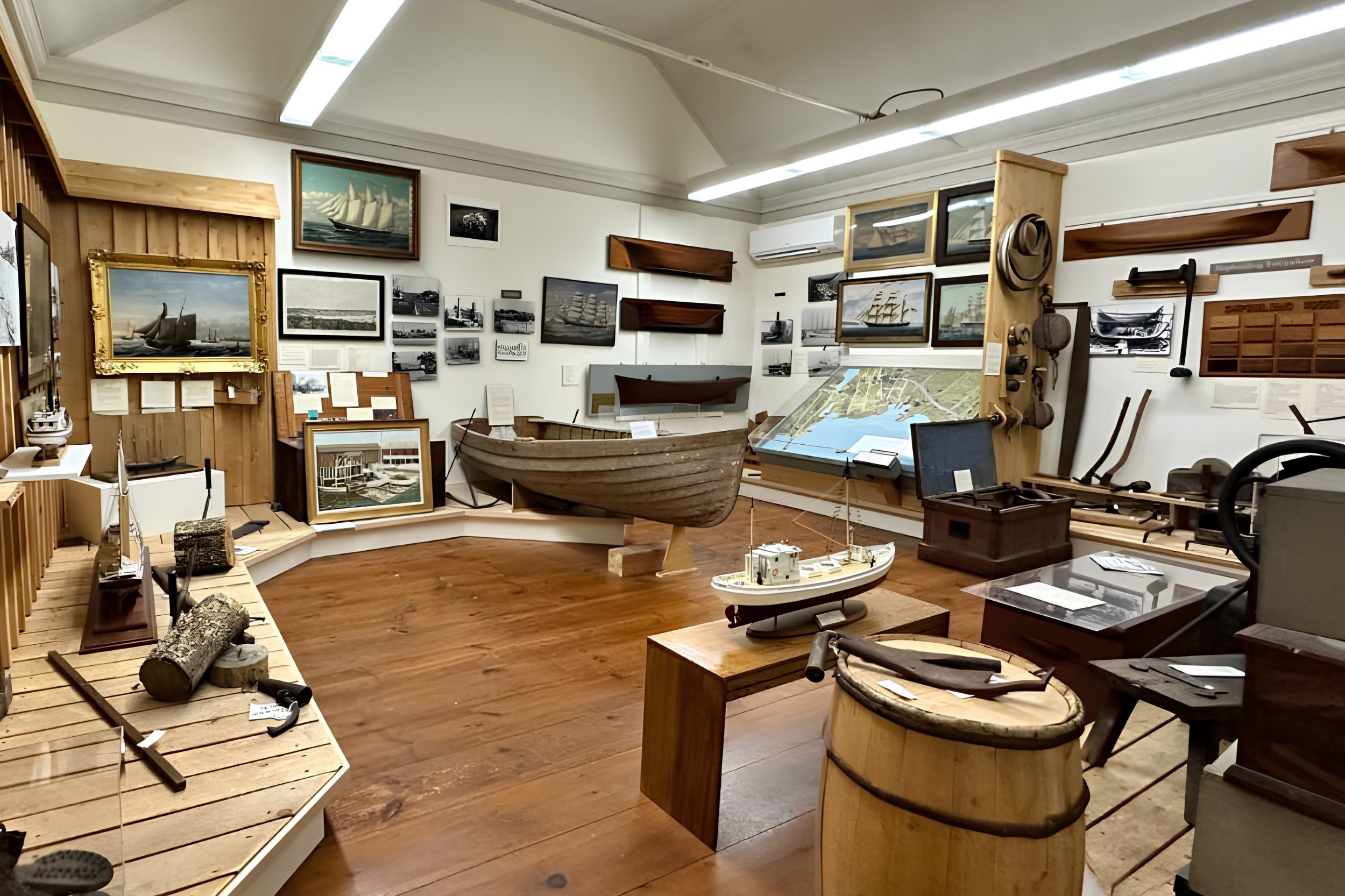 Interior exhibits at Penobscot Marine Museum in Searsport Maine showcasing maritime history