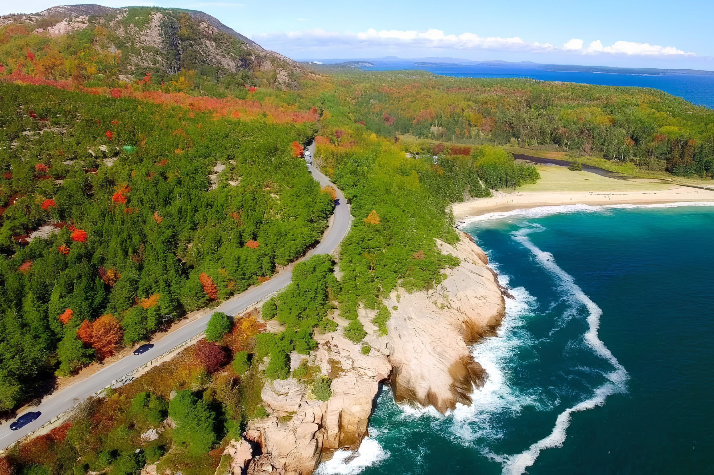 Scenic coastal road with ocean views and forested hills near Thomaston Maine