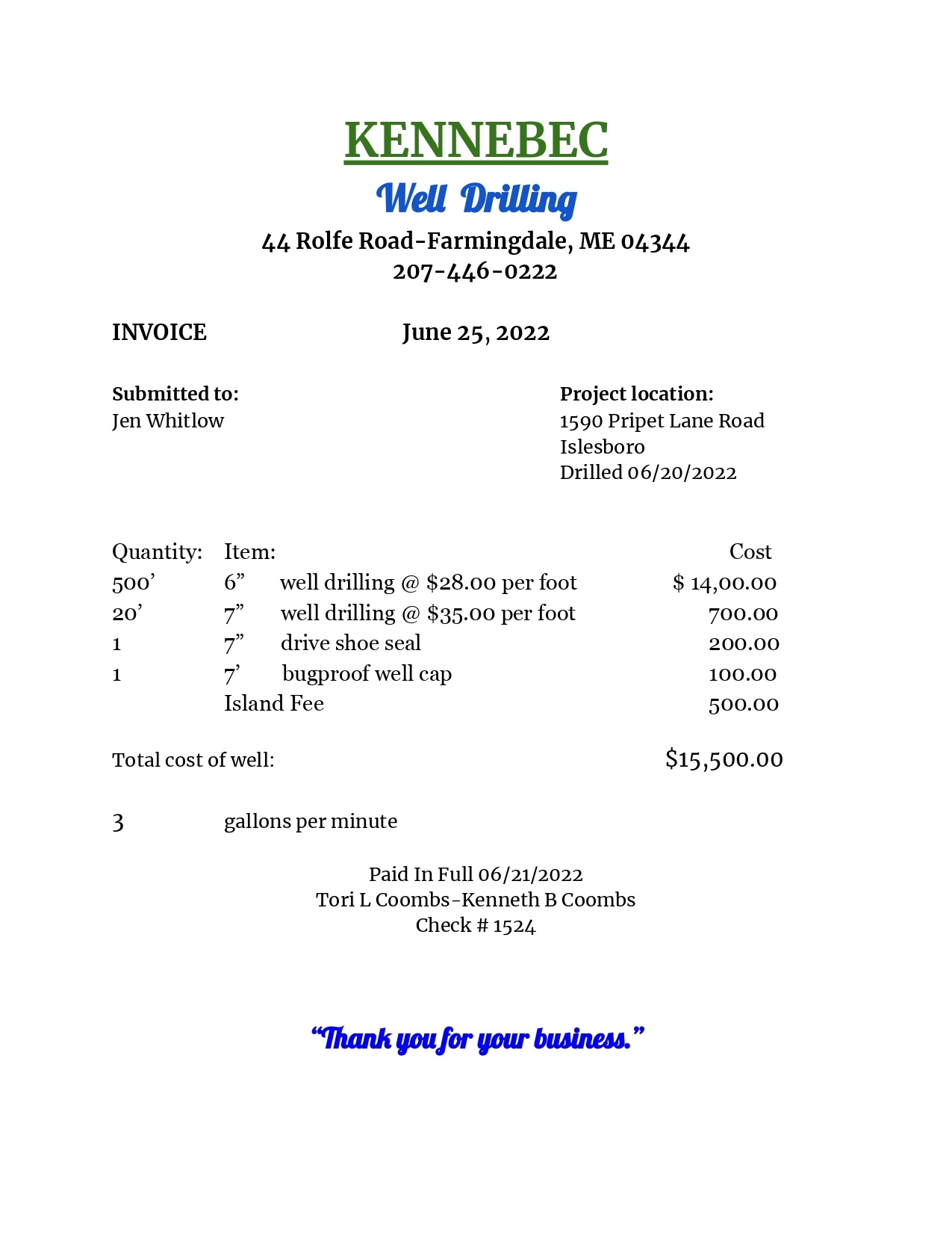 Invoice showing well drilling details and water production information for property at 1590 Pripet Woods Lane in Islesboro, Maine