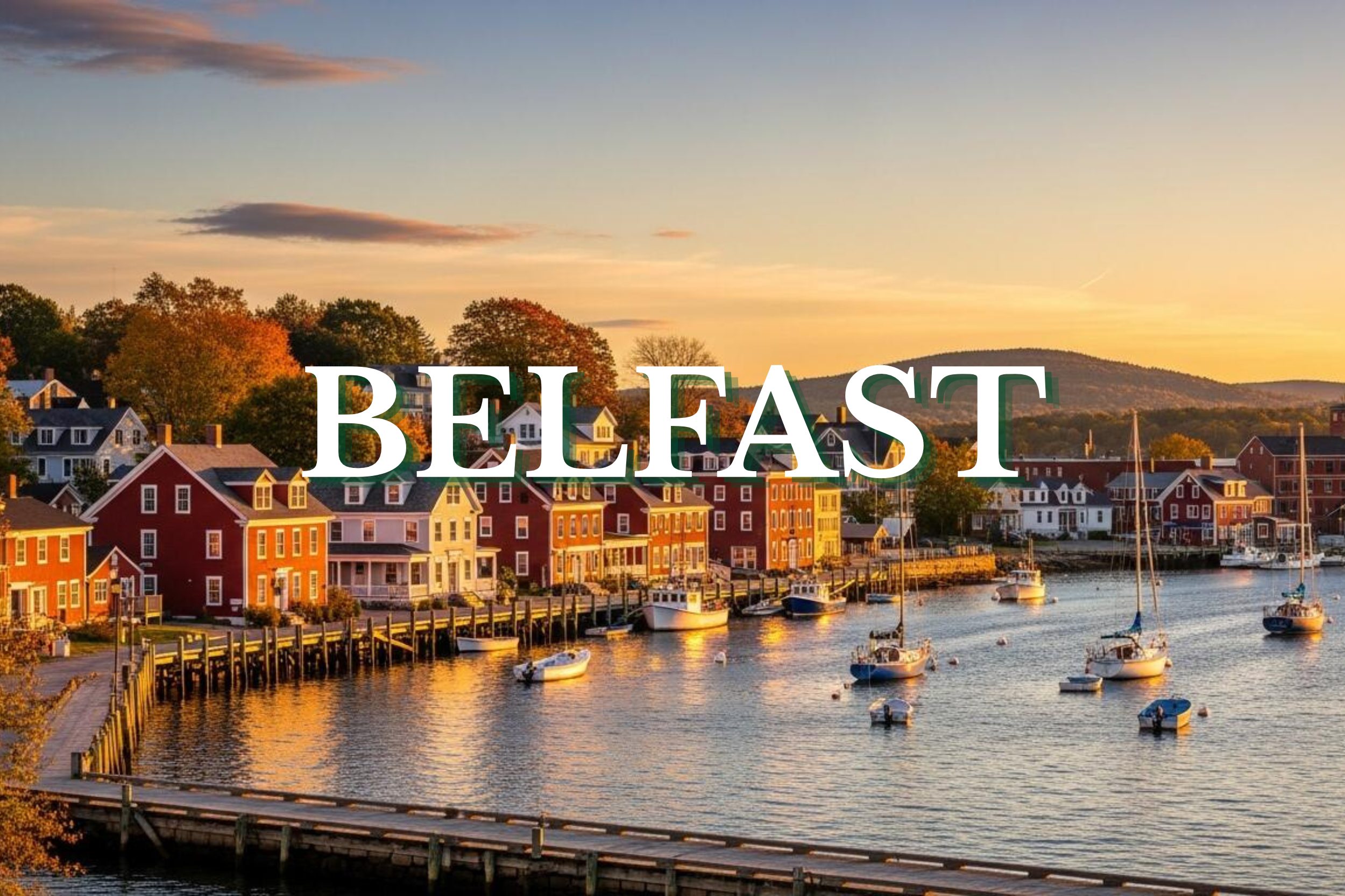Colorful waterfront buildings and sailboats along Belfast Harbor during sunset in Belfast, Maine