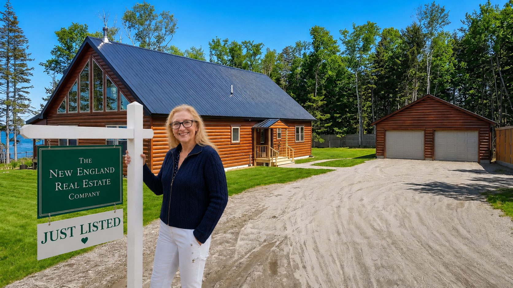 Lisa Decker Griffith standing beside a "Just Listed" sign in front of a waterfront log home in Midcoast Maine