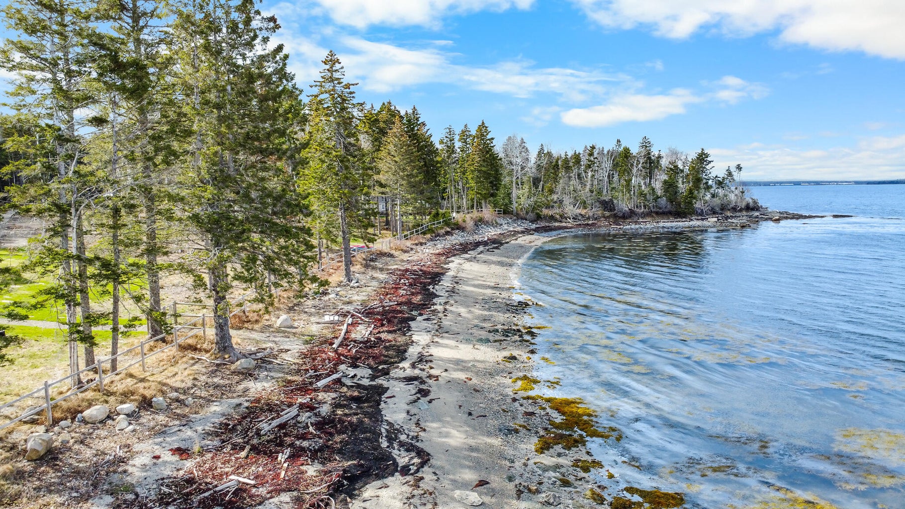 Aerial view of a quiet sandy beach bordered by evergreen trees and calm coastal waters in Maine