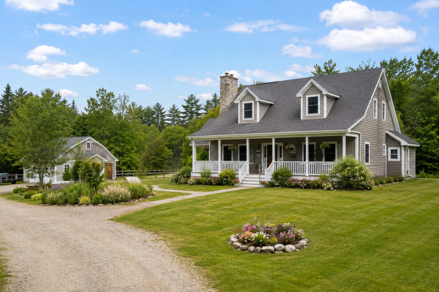Beautiful New England farmhouse with a wraparound porch, landscaped yard, detached garage, and manicured lawn in Midcoast Maine