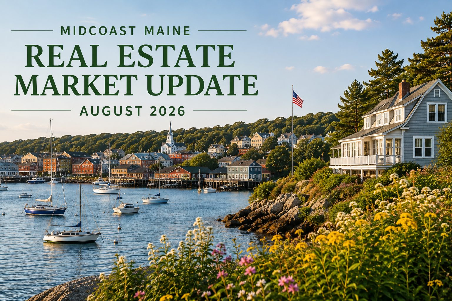 Midcoast Maine real estate market update for August 2026 featuring a scenic coastal harbor, sailboats, historic homes, and a waterfront property