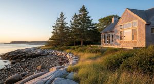 Coastal Maine home overlooking a rocky shoreline at sunset