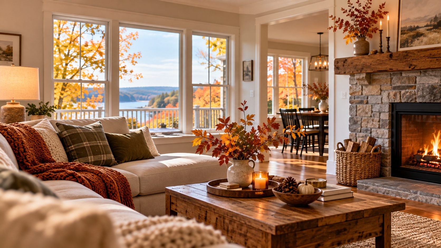 Cozy living room with a stone fireplace, warm autumn decor, and scenic fall foliage views in Maine